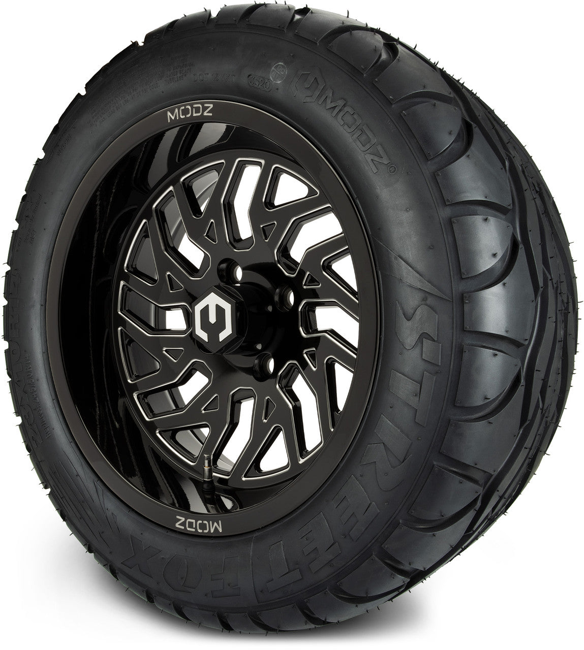 MODZ® 14" Carnage Glossy Black with Ball Mill Wheels & Street Tires Combo (Odyssey Tesseract Steel Belted Radial 215/35-14)