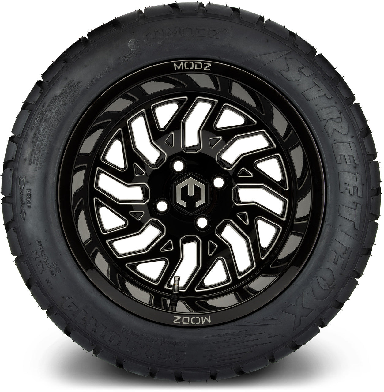 MODZ® 14" Carnage Glossy Black with Ball Mill Wheels & Street Tires Combo (Odyssey Tesseract Steel Belted Radial 215/50-14)