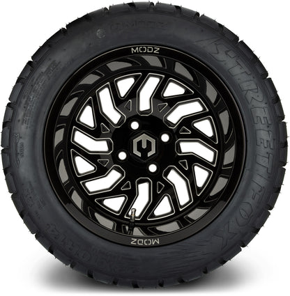 MODZ® 14" Carnage Glossy Black with Ball Mill Wheels & Street Tires Combo (Odyssey Tesseract Steel Belted Radial 215/50-14)