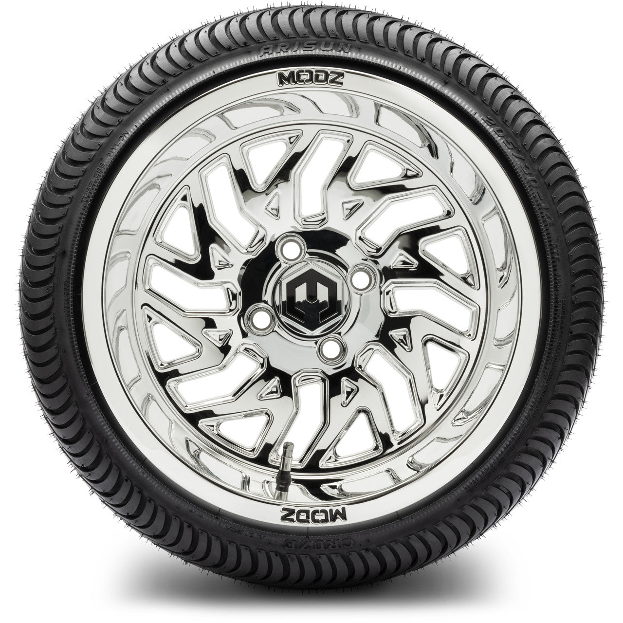 MODZ® 14" Carnage Chrome Wheels & Street Tires Combo (Odyssey Tesseract Steel Belted Radial 215/50-14)