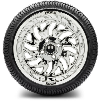 MODZ® 14" Carnage Chrome Wheels & Street Tires Combo (Odyssey Tesseract Steel Belted Radial 215/50-14)
