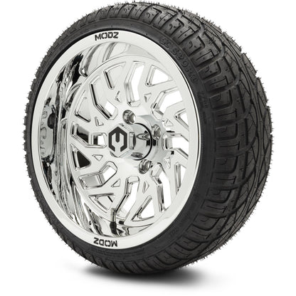MODZ® 14" Carnage Chrome Wheels & Street Tires Combo (Odyssey Tesseract Steel Belted Radial 215/35-14)