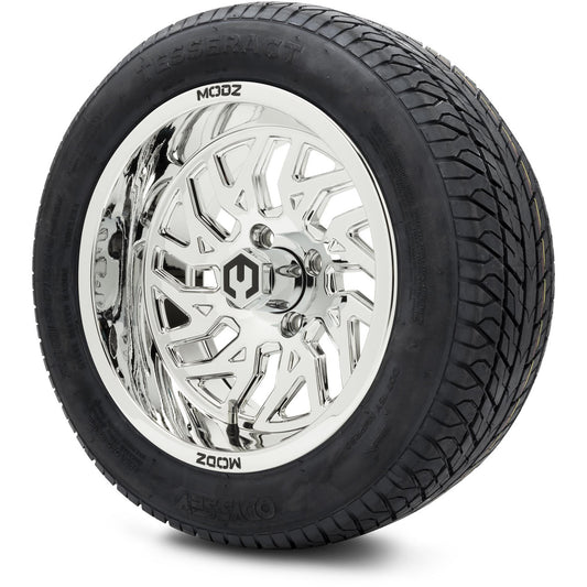 MODZ® 14" Carnage Chrome Wheels & Street Tires Combo (Odyssey Tesseract Steel Belted Radial 215/50-14)