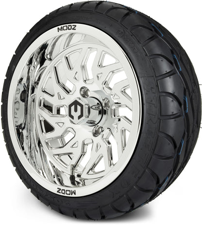 MODZ® 14" Carnage Chrome Wheels & Street Tires Combo (Odyssey Tesseract Steel Belted Radial 215/35-14)