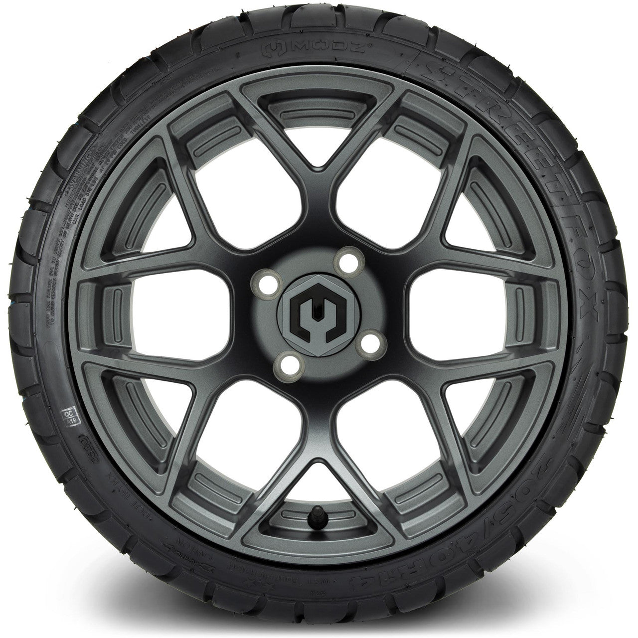 MODZ® 14" Renegade Gunmetal Wheels & Street Tires Combo (Odyssey Tesseract Steel Belted Radial 215/35-14)