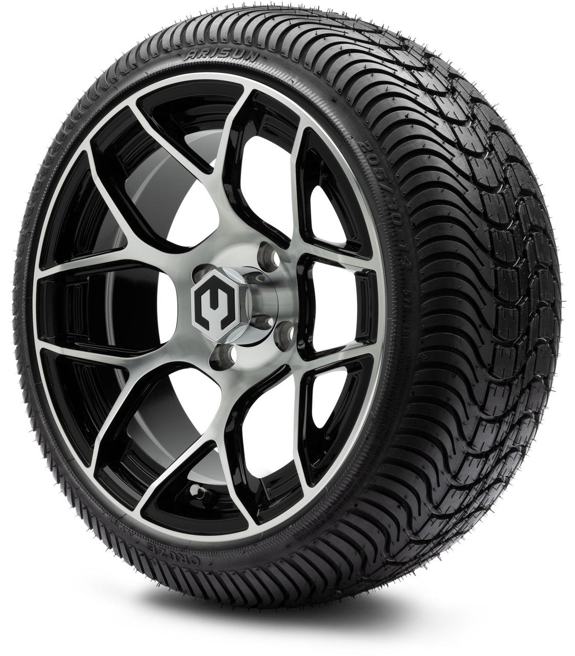 MODZ® 14" Renegade Machined Black Wheels & Street Tires Combo (Odyssey Tesseract Steel Belted Radial 215/35-14)