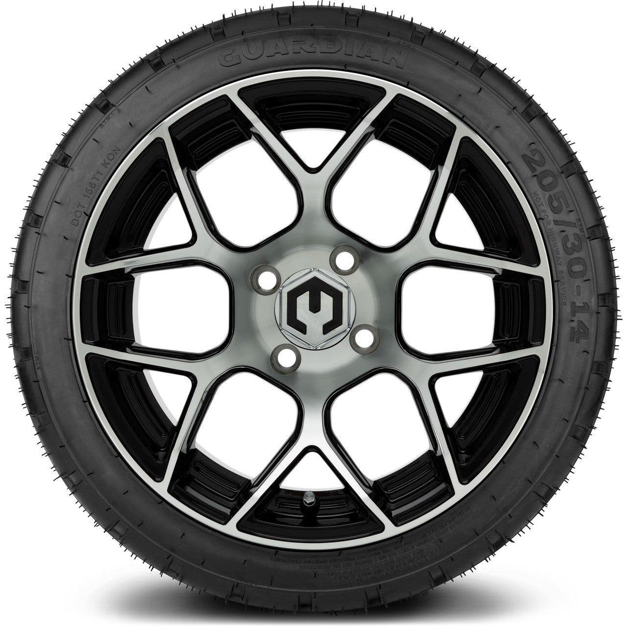 MODZ® 14" Renegade Machined Black Wheels & Street Tires Combo (Odyssey Tesseract Steel Belted Radial 215/35-14)