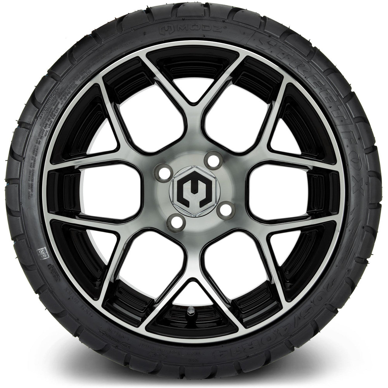 MODZ® 14" Renegade Machined Black Wheels & Street Tires Combo (Odyssey Tesseract Steel Belted Radial 215/35-14)
