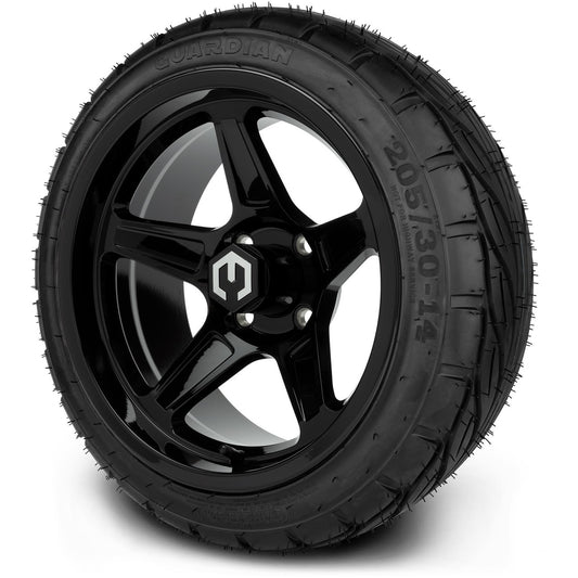 MODZ® 14" Drift Glossy Black Wheels & Street Tires Combo (MODZ Guardian 205/30-14)