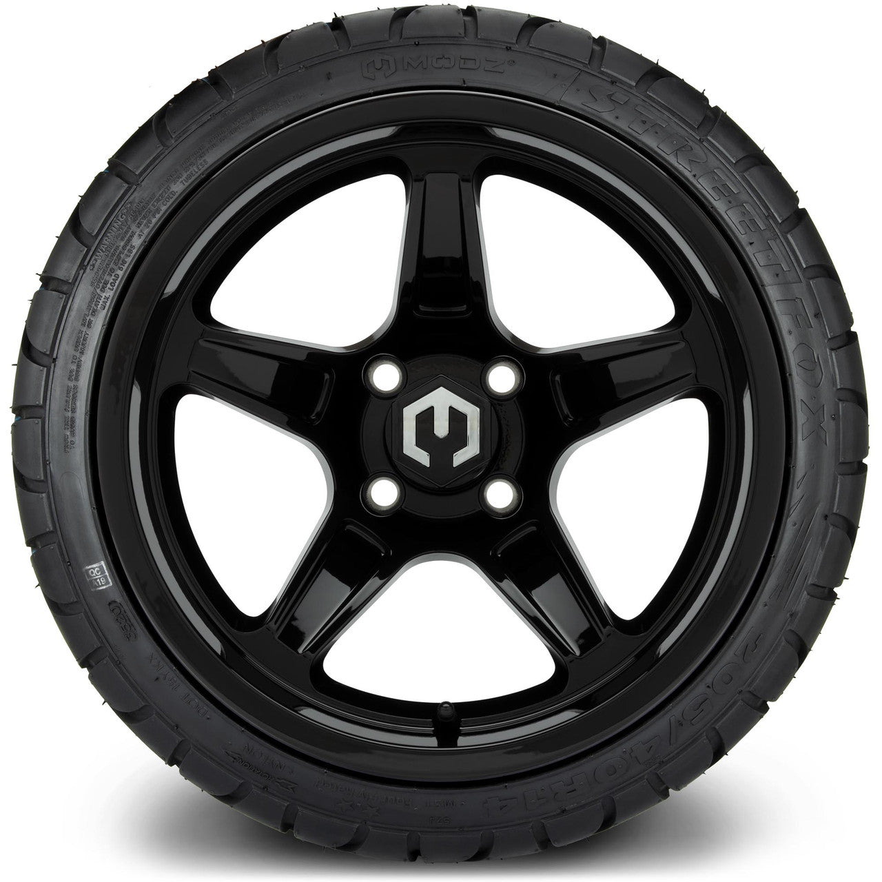 MODZ® 14" Drift Glossy Black Wheels & Street Tires Combo (Odyssey Tesseract Steel Belted Radial 215/50-14)