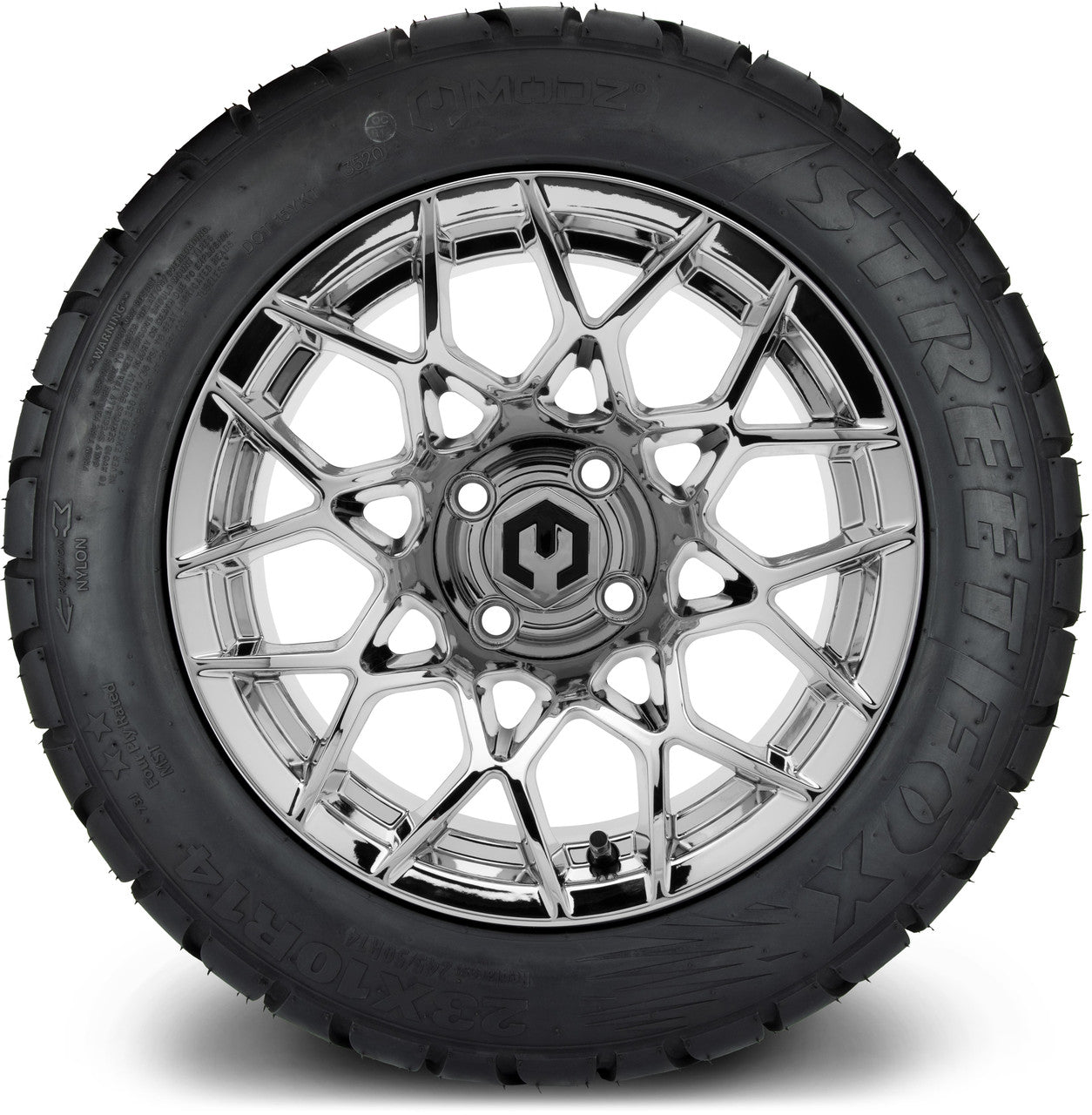 MODZ® 14" Blitz Chrome Wheels & Street Tires Combo (Odyssey Tesseract Steel Belted Radial 215/35-14)