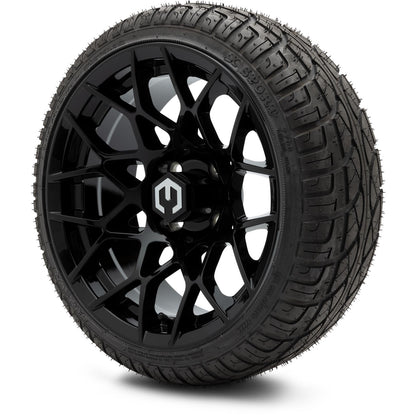 MODZ® 14" Blitz Glossy Black Wheels & Street Tires Combo (Odyssey Tesseract Steel Belted Radial 215/35-14)