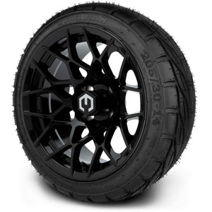 MODZ® 14" Blitz Glossy Black Wheels & Street Tires Combo (MODZ Guardian 205/30-14)