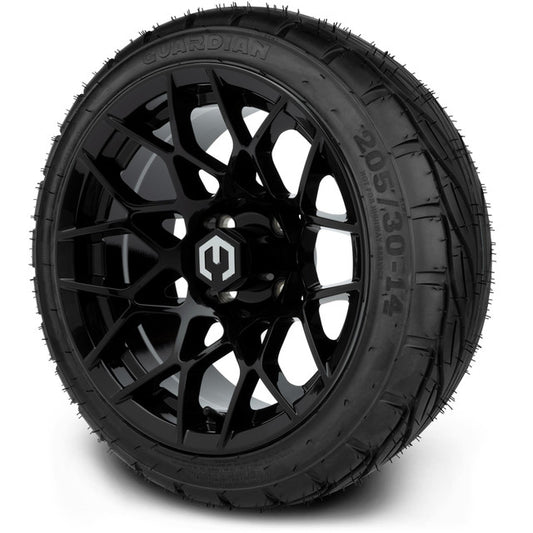 MODZ® 14" Blitz Glossy Black Wheels & Street Tires Combo (MODZ Guardian 205/30-14)