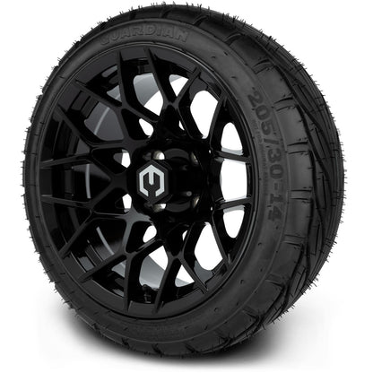 MODZ® 14" Blitz Glossy Black Wheels & Street Tires Combo (MODZ Street Fox Radial 205/40-14)