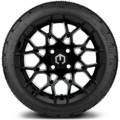 MODZ® 14" Blitz Glossy Black Wheels & Street Tires Combo (MODZ Street Fox Radial 205/40-14)