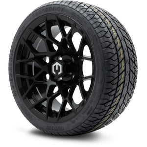 MODZ® 14" Blitz Glossy Black Wheels & Street Tires Combo (Odyssey Tesseract Steel Belted Radial 215/35-14)