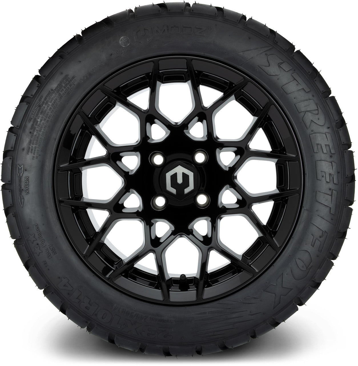 MODZ® 14" Blitz Glossy Black Wheels & Street Tires Combo (MODZ Street Fox Radial 23x10-14)