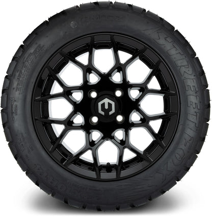 MODZ® 14" Blitz Glossy Black Wheels & Street Tires Combo (MODZ Street Fox Radial 205/40-14)