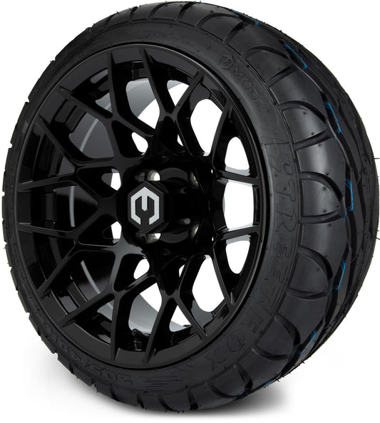 MODZ® 14" Blitz Glossy Black Wheels & Street Tires Combo (MODZ Street Fox Radial 205/40-14)