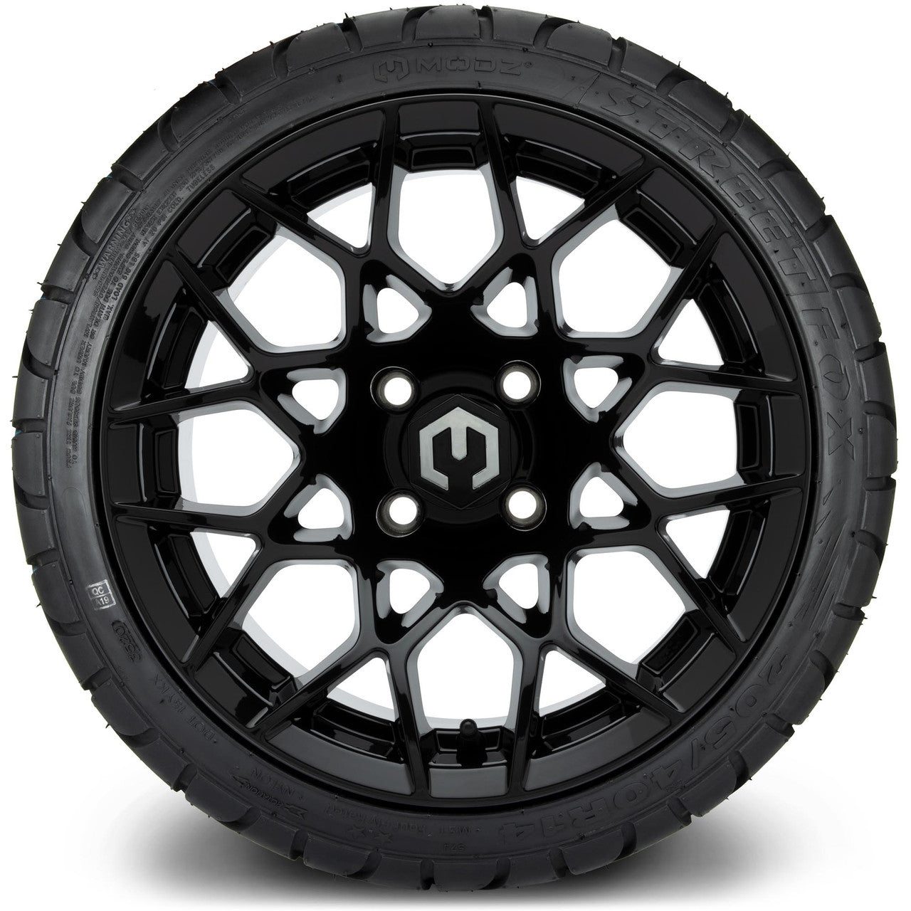 MODZ® 14" Blitz Glossy Black Wheels & Street Tires Combo (MODZ Street Fox Radial 23x10-14)