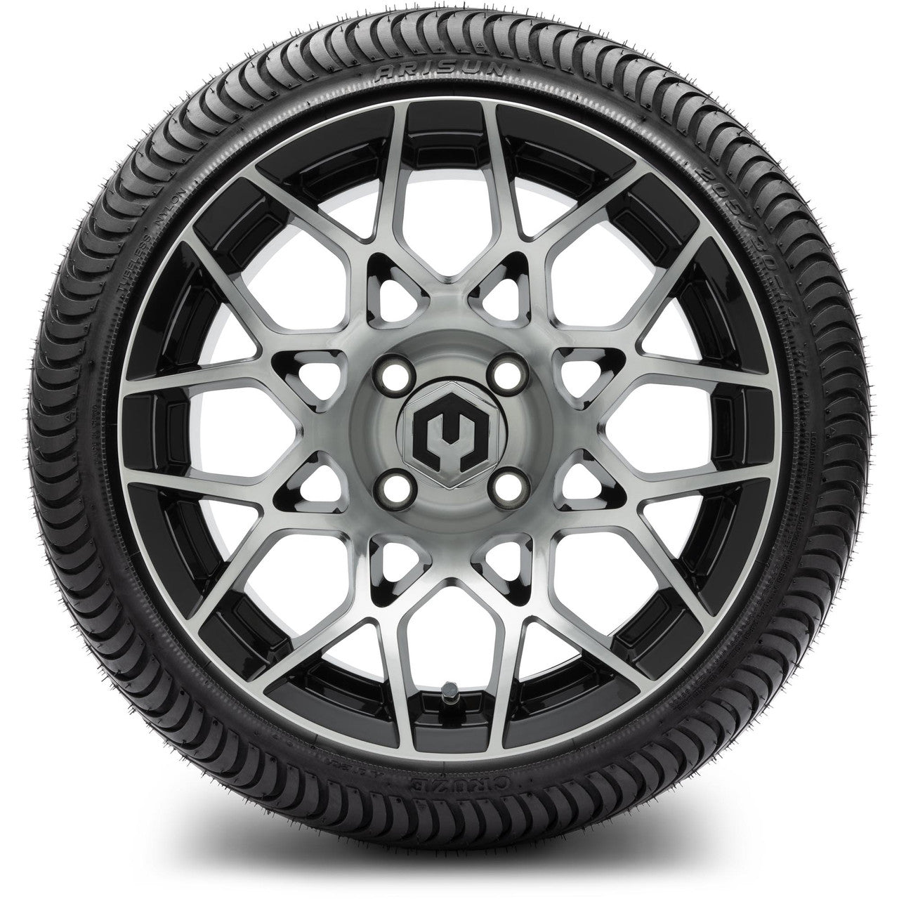 MODZ® 14" Blitz Machined Black Wheels & Street Tires Combo (Odyssey Tesseract Steel Belted Radial 215/35-14)