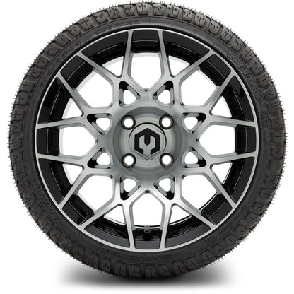 MODZ® 14" Blitz Machined Black Wheels & Street Tires Combo (Odyssey Tesseract Steel Belted Radial 215/35-14)