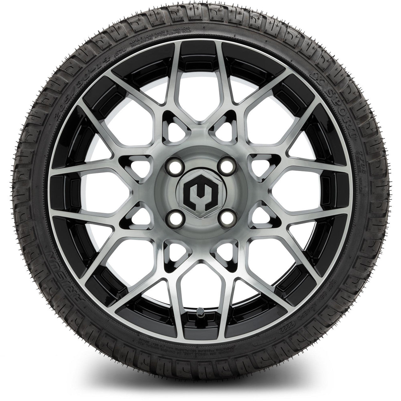 MODZ® 14" Blitz Machined Black Wheels & Street Tires Combo (Odyssey Tesseract Steel Belted Radial 215/50-14)