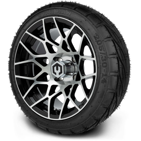 MODZ® 14" Blitz Machined Black Wheels & Street Tires Combo (MODZ Guardian 205/30-14)