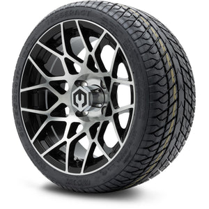 MODZ® 14" Blitz Machined Black Wheels & Street Tires Combo (Odyssey Tesseract Steel Belted Radial 215/35-14)