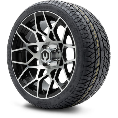 MODZ® 14" Blitz Machined Black Wheels & Street Tires Combo (Odyssey Tesseract Steel Belted Radial 215/35-14)