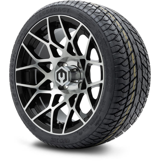 MODZ® 14" Blitz Machined Black Wheels & Street Tires Combo (Odyssey Tesseract Steel Belted Radial 215/35-14)