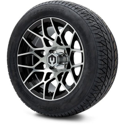 MODZ® 14" Blitz Machined Black Wheels & Street Tires Combo (Odyssey Tesseract Steel Belted Radial 215/50-14)