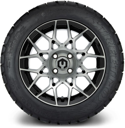 MODZ® 14" Blitz Machined Black Wheels & Street Tires Combo (Odyssey Tesseract Steel Belted Radial 215/35-14)