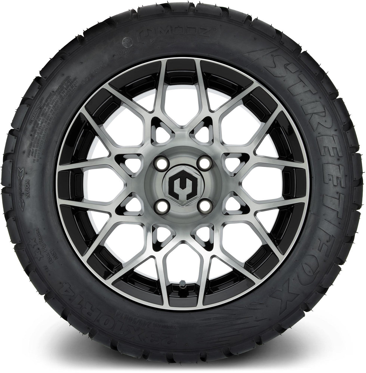 MODZ® 14" Blitz Machined Black Wheels & Street Tires Combo (Odyssey Tesseract Steel Belted Radial 215/50-14)