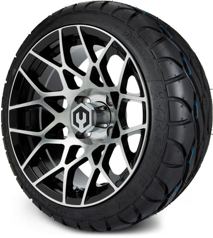 MODZ® 14" Blitz Machined Black Wheels & Street Tires Combo (Odyssey Tesseract Steel Belted Radial 215/50-14)