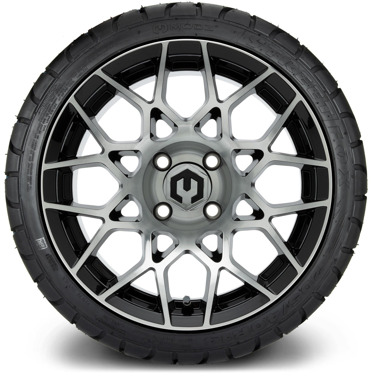 MODZ® 14" Blitz Machined Black Wheels & Street Tires Combo (Odyssey Tesseract Steel Belted Radial 215/35-14)