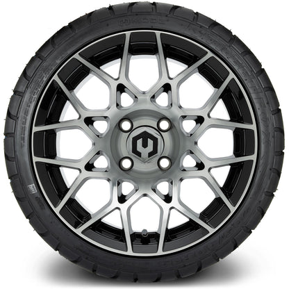 MODZ® 14" Blitz Machined Black Wheels & Street Tires Combo (Odyssey Tesseract Steel Belted Radial 215/35-14)