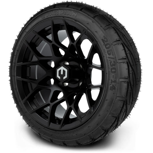 MODZ® 14" Blitz Matte Black Wheels & Street Tires Combo (MODZ Guardian 205/30-14)