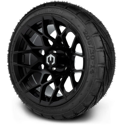 MODZ® 14" Blitz Matte Black Wheels & Street Tires Combo (Odyssey Tesseract Steel Belted Radial 215/35-14)