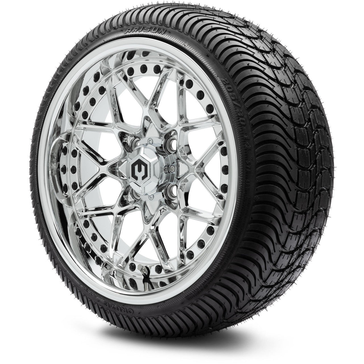 MODZ® 14" Formula Chrome Wheels & Street Tires Combo (Odyssey Tesseract Steel Belted Radial 215/35-14)
