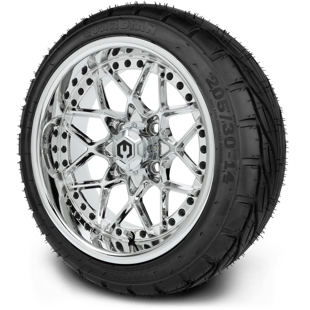 MODZ® 14" Formula Chrome Wheels & Street Tires Combo (Odyssey Tesseract Steel Belted Radial 215/35-14)
