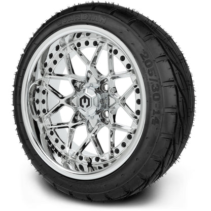 MODZ® 14" Formula Chrome Wheels & Street Tires Combo (Odyssey Tesseract Steel Belted Radial 215/50-14)