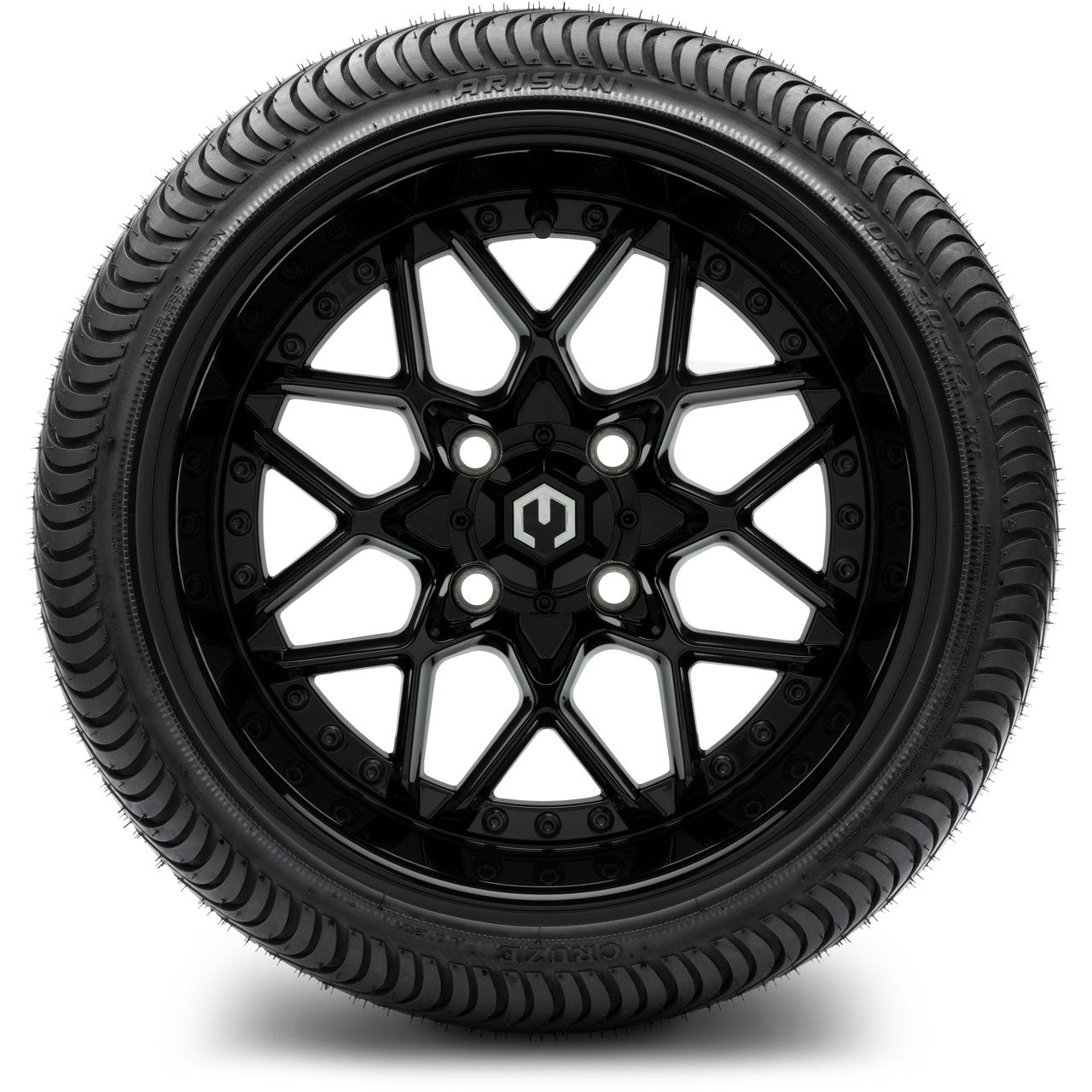 MODZ® 14" Formula Glossy Black Wheels & Street Tires Combo (Odyssey Tesseract Steel Belted Radial 215/35-14)