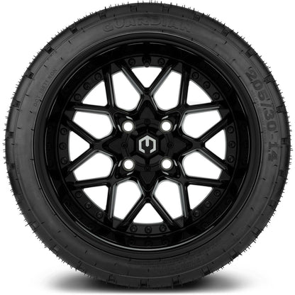 MODZ® 14" Formula Glossy Black Wheels & Street Tires Combo (Odyssey Tesseract Steel Belted Radial 215/50-14)