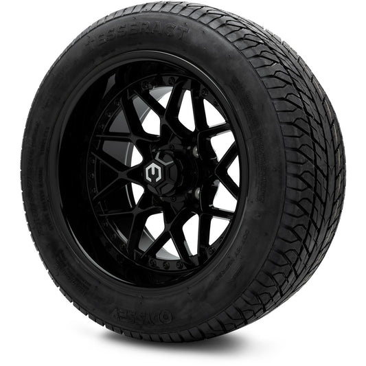 MODZ® 14" Formula Glossy Black Wheels & Street Tires Combo (Odyssey Tesseract Steel Belted Radial 215/50-14)