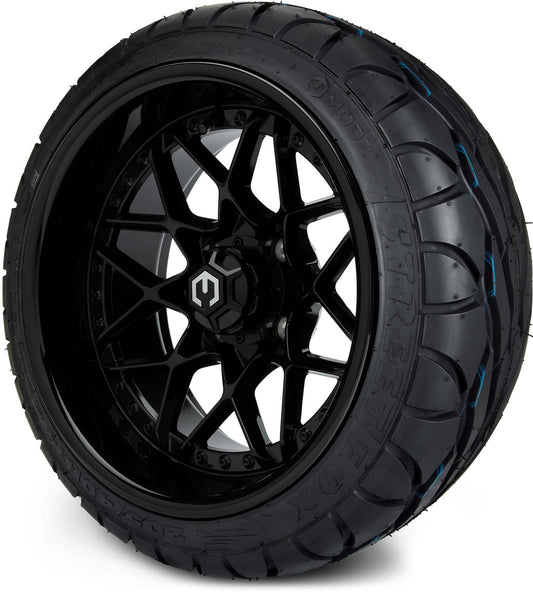 MODZ® 14" Formula Glossy Black Wheels & Street Tires Combo (MODZ Street Fox Radial 205/40-14)