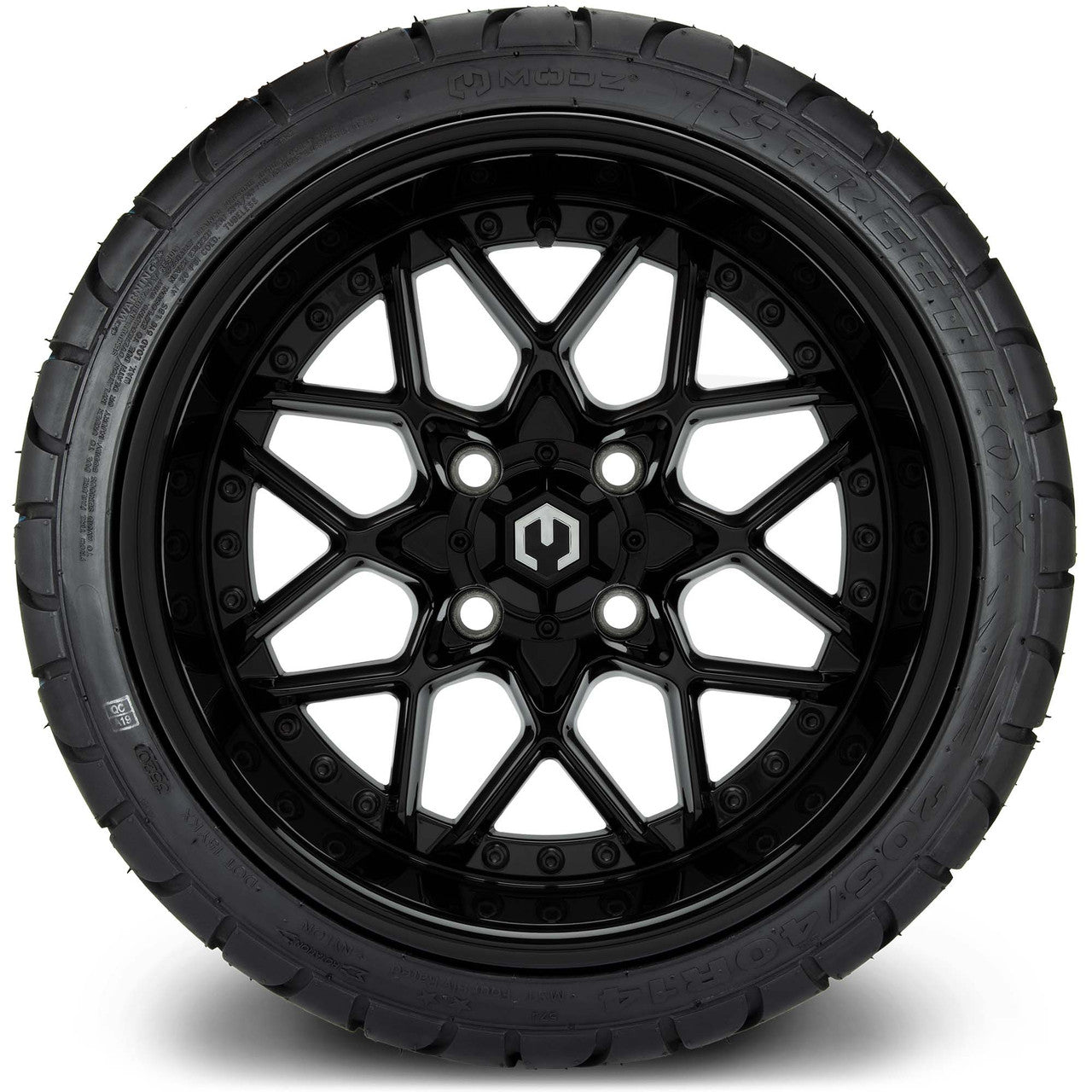 MODZ® 14" Formula Glossy Black Wheels & Street Tires Combo (Arisun Cruze 205/30-14)