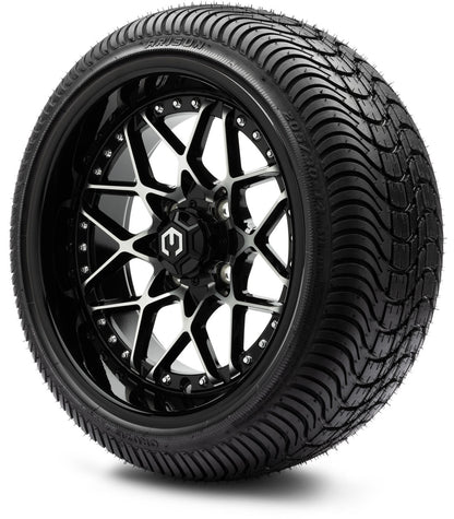 MODZ® 14" Formula Machined Black Wheels & Street Tires Combo (Odyssey Tesseract Steel Belted Radial 215/50-14)