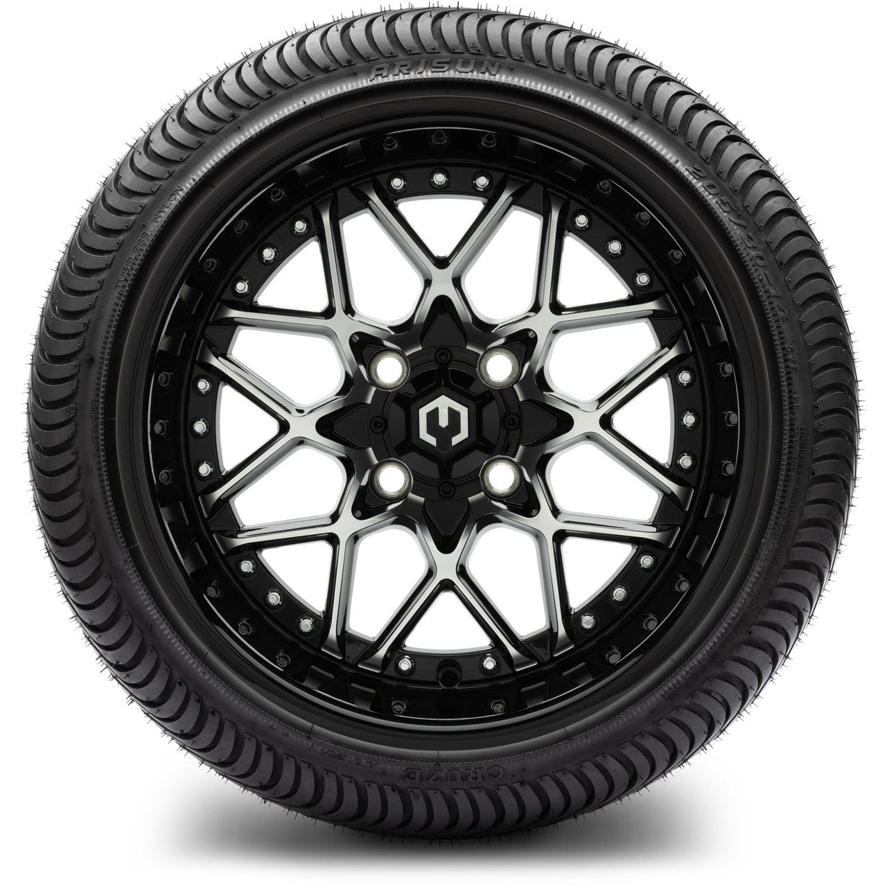 MODZ® 14" Formula Machined Black Wheels & Street Tires Combo (Odyssey Tesseract Steel Belted Radial 215/50-14)